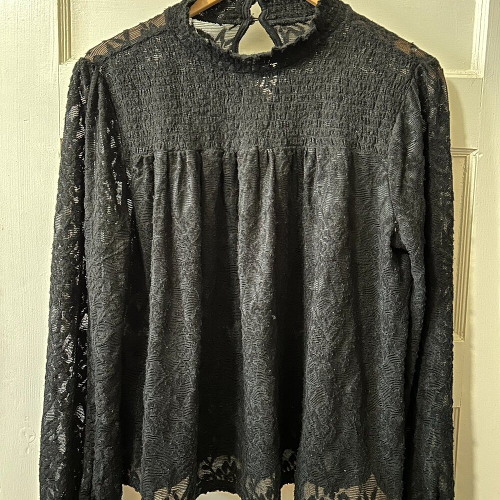 L Black Lace Flowy Mock Neck Blouse